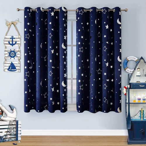 Vista 16 de WUBODTI Cortinas grises 100% opacas con diseño de estrellas para habitación de niños, 45 pulgadas de largo, juego de 2 paneles de cortinas