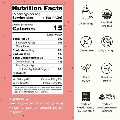Vista 2 de Blume Superfoods Latte - Polvo de remolacha, potenciador de energía, remolacha orgánica en polvo, clavo, canela, jengibre, vegano, apto para dieta