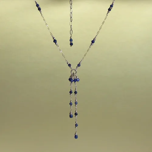 Vista 6 de Collar con borla de cadena chapada en oro de 14 quilates con zafiro azul, collar de cadena delicada. Regalos para mujer
