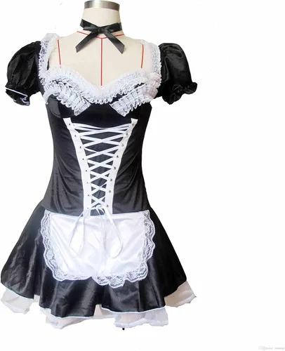 Vista 8 de Disfraz de sirvienta francesa para mujer, sexy, negro, satén, talla S-5XL