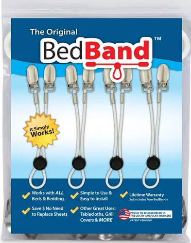 Vista 3 de Bed Band no fabricado en China. 100% ensamblado por trabajadores estadounidenses. Sujetador de sábanas, agarre, tirantes y correa. Alisa cualquier