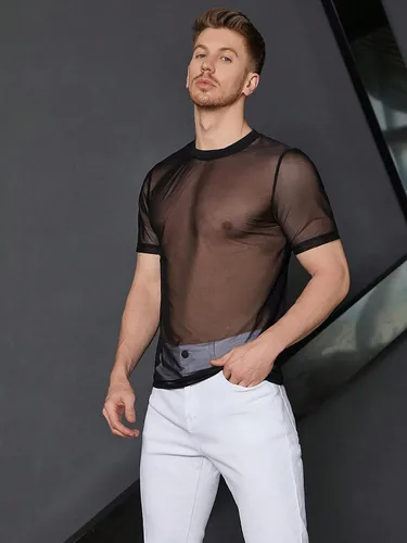 Vista 5 de WDIRARA Camiseta de malla de manga corta con cuello redondo y estampado floral para hombre