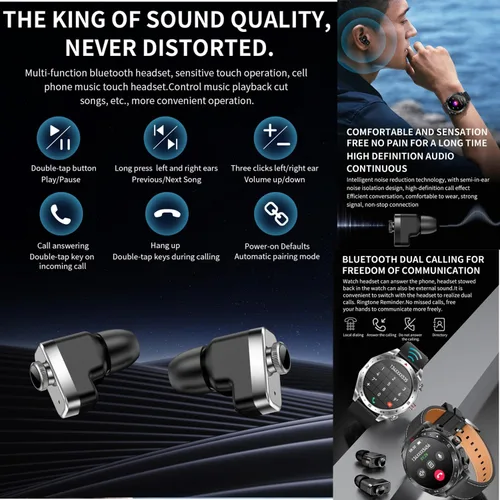 Vista 7 de Reloj inteligente T95 con auriculares para iPhone, Android, teléfonos inteligentes de 1.52 pulgadas, redondo, Bluetooth, llamadas, reloj Negro