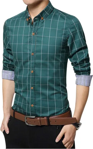Vista 4 de Camisa de vestir de manga larga a cuadros con botones y contraste de algodón para hombre