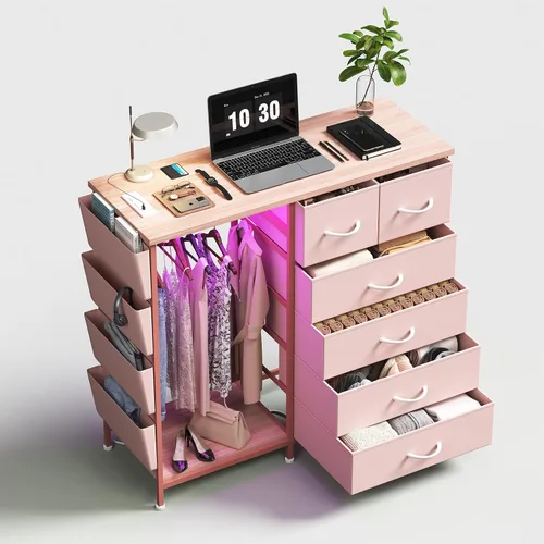 Vista 10 de Cómoda de 6 cajones para dormitorio con perchero para ropa, cómoda para ropa con bolsillos laterales y ganchos, estación de carga y luces LED, parte