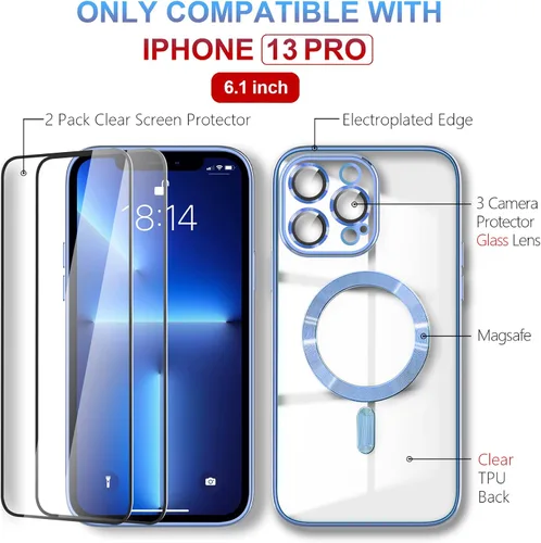 Vista 3 de Magsafe - Funda para iPhone 13 Pro, funda magnética transparente para teléfono con protector de pantalla y cubierta de cámara, funda galvanizada Azul
