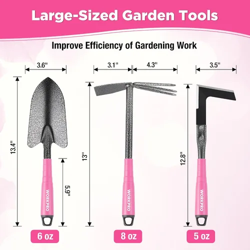 Vista 2 de WORKPRO Juego de herramientas de jardín rosa de 6 piezas, herramientas manuales de jardinería resistentes con mango de goma suave, incluyendo