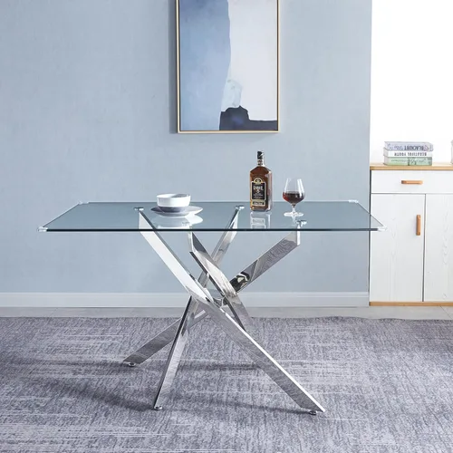 Vista 3 de Mesa de comedor de vidrio de 51 pulgadas, mesa de cocina rectangular para 4-6, mesa de comedor de vidrio moderna con patas de acero inoxidable