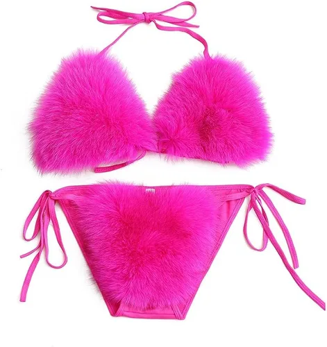 Vista 8 de ZOSCGJMY Conjunto de bikini de dos piezas de piel sintética para mujer Beige