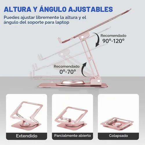 Vista 4 de Laptop Stand for desk(360°Rotating),Aluminum laptop Riser for 10-16"Laptops Oro rosa