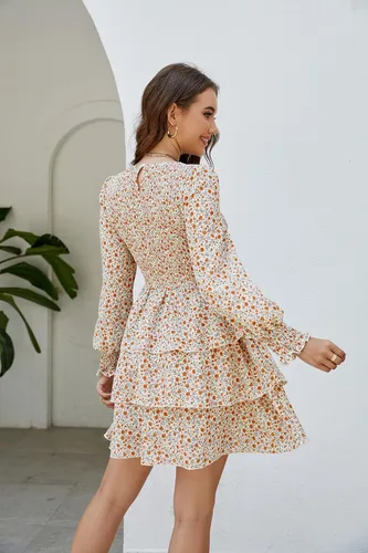 Vista 6 de Moreone Vestido de manga larga con cuello redondo fruncido para mujer, estampado floral, escalonado, volantes, acampanado, mini vestido fluido