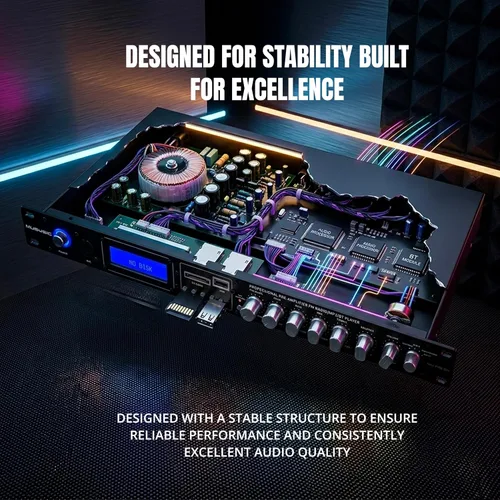 Vista 4 de MUSYSIC MU-PRE2H Procesador de sonido de audio profesional Pre-Amp Bluetooth, USB/SD, MP3/Aux, radio FM, modo de grabación Pantalla LCD digital