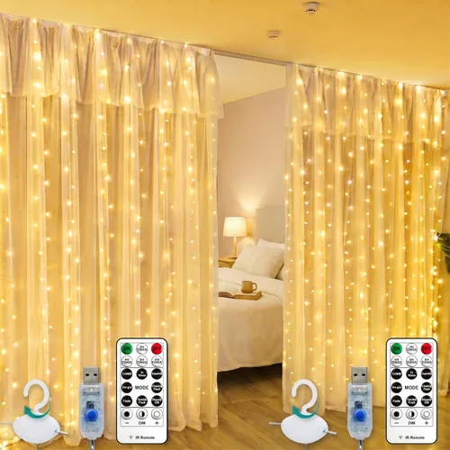 Vista 15 de HXWEIYE - Tira de 300 luces LED, cortina de guirnaldas navideñas con enchufe USB, 8 modos, control remoto para decoración de pared, fondo de Rojo