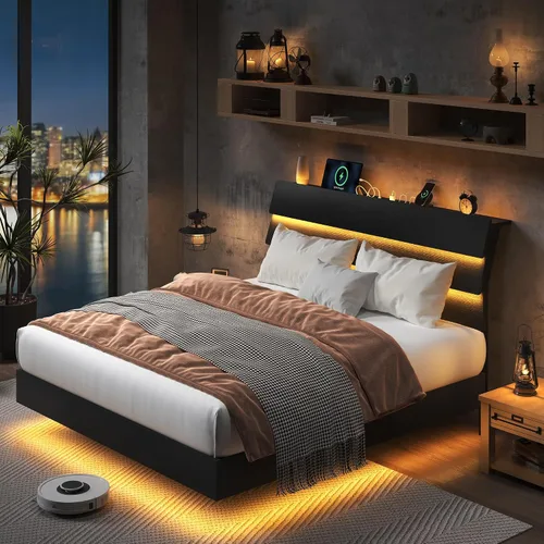 Vista 14 de Feonase Base de cama flotante individual con luces LED y estación de carga, marco de cama de madera tamaño individual con cabecera