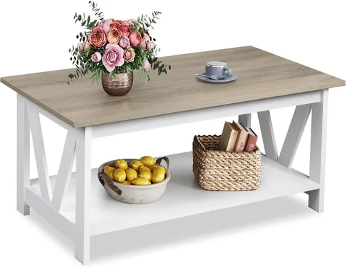 Vista 17 de WLIVE - Mesa de café con estante de almacenamiento, mesa de café granja de 39.4" con soporte en V, mesa de centro rústica de 2 niveles para sala