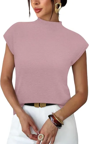 Vista 14 de Sampeel Suéter de manga corta para mujer, cuello alto, para verano, elegante, informal, básico, de punto