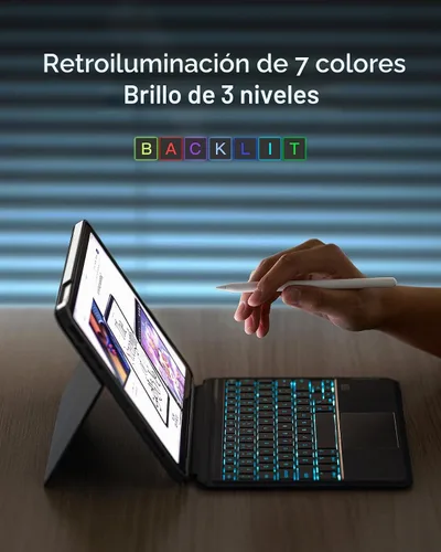 Vista 7 de Inateck Funda para iPad de 11ª/10ª generación con teclado, funda de teclado desmontable con retroiluminación de 7 colores y panel táctil para iPad