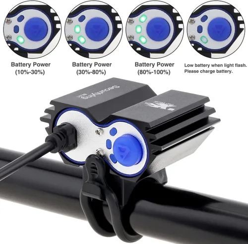 Vista 8 de SecurityIng Luz LED impermeable de 700 lúmenes para bicicleta, 4 modos, lámpara de bicicleta súper brillante + batería recargable de 8.4 V +
