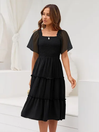 Vista 5 de LILLUSORY Vestido midi fruncido con cuello cuadrado y mangas con vuelo Negro