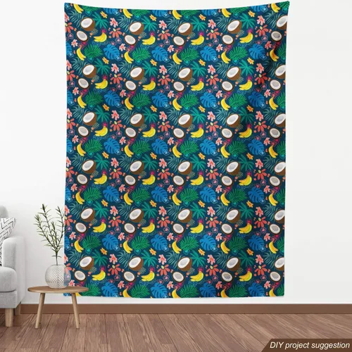 Vista 4 de Lunarable Tela tropical de The Yard, composición de dibujos animados de cocos, plátanos y flores, tela decorativa para tapicería y detalles