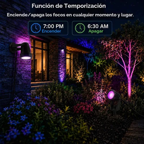 Vista 7 de Luces para exteriores, focos de 15 W para exteriores con enchufe de EE. UU. y control remoto, focos de paisaje de control de aplicación de 12 V 2