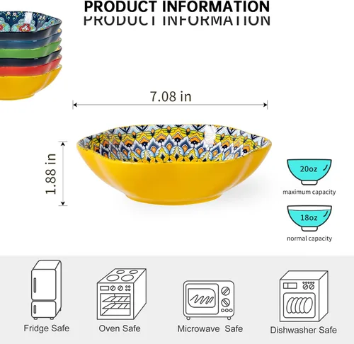 Vista 2 de HENXFEN LEAD Juego de 6 cuencos de cerámica coloridos de 20 onzas para sopa y cereales, cuencos bohemios para ensalada, pasta, aperitivos