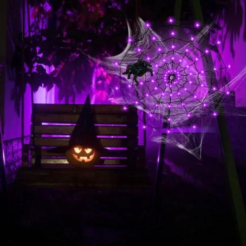 Vista 4 de Luces de telaraña de Halloween Decrations, 70 luces LED de telaraña para decoración de Halloween en interiores y exteriores, impermeables, luces LED