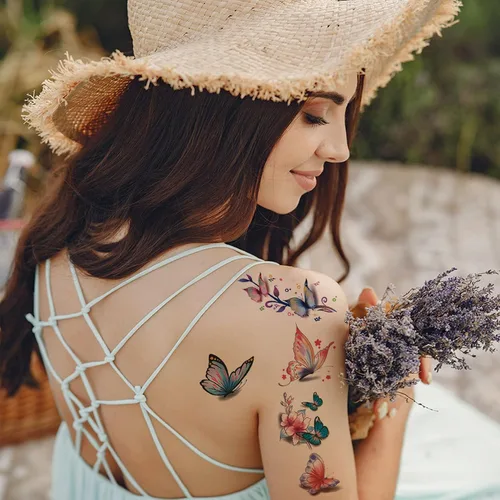 Vista 5 de 30 hojas de tatuajes temporales de mariposa para mujeres y niñas, flores falsas coloridas 3D, mariposas, alas de tatuaje, calcomanías de arte