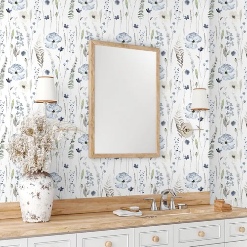 Vista 4 de VEELIKE Papel tapiz floral azul de acuarela para despegar y pegar, papel tapiz botánico de helecho bohemio para dormitorio, baño, guardería, 17.7 x