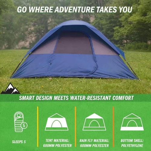 Vista 4 de Camping Tent - Water-Resistant Cabin Style Outdoor Shelter with Built-in Screen Tent and Carrying Bag by Wakeman Outdoors Azul