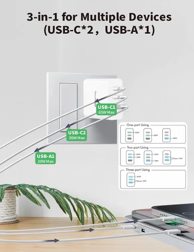 Vista 7 de Bloque de cargador USB C de 65 W, bloque de carga rápida de 3 puertos GaN de 65 W, cargador de pared rápido tipo C, compatible con todas