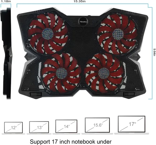 Vista 3 de Enfriador portátil de malla metálica para laptop, 4 ventiladores silenciosos con luz LED roja, altura ajustable, portátil de hasta 17 pulgadas, 2