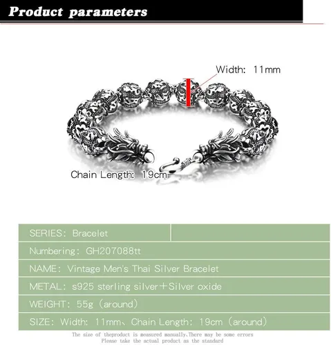 Vista 2 de Dankadi Pulsera de plata vintage para hombre, pulsera creativa de plata de ley 925 con dragón de 0.433 in, cadena de cuentas de 7-8-9-10 pulgadas
