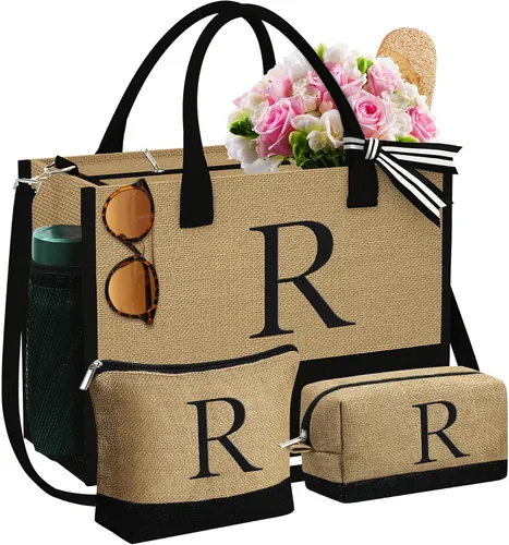 Vista 19 de YOOLIFE Regalos para mujeres, bolsa de yute con inicial y 2 bolsas de maquillaje, regalos personalizados para mujeres, profesores, mamá, amiga