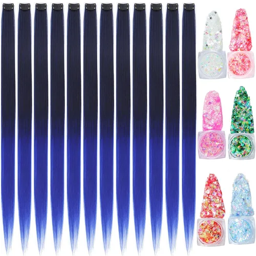 Vista 20 de Extensiones de cabello de colores, extensión de cabello liso con clip de 22 pulgadas, extensiones de cabello con brillantina multicolor arcoíris
