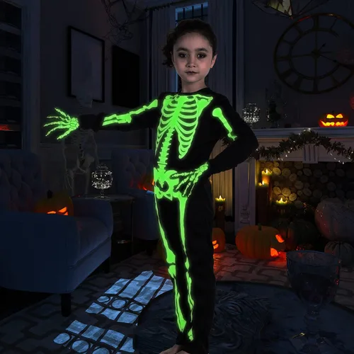 Vista 2 de Disfraz de esqueleto para niños que brillan en la oscuridad, disfraz de esqueleto para niños y niñas, fiesta de Halloween 4T