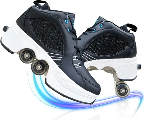 Vista 16 de Zapatos de patinaje convertibles para hombres y mujeres, zapatos de paseo automáticos para niños y adultos, patines con doble fila de ruedas, ruedas