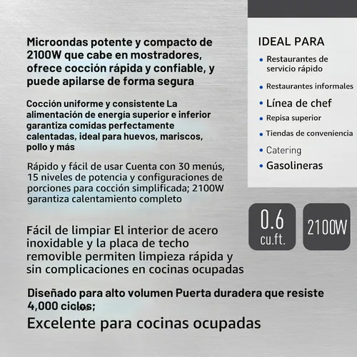 Vista 2 de Panasonic PRO1 - Horno de microondas comercial, resistente, 0.6 pies cúbicos de 2100 W, cocina de 5 etapas, pantalla LCD, acero inoxidable