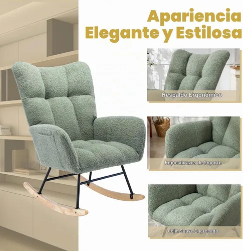 Vista 4 de Mecedora de cuarto de bebé con asiento deslizante tapizado en estilo oso de peluche, con respaldo alto, sillón acento con cómodo bolsillo lateral