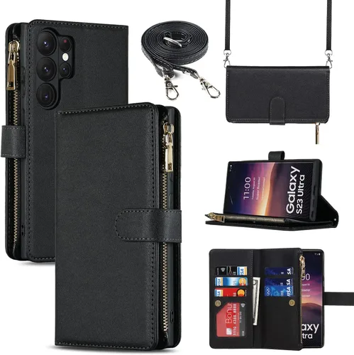 Vista 12 de Cavor Funda tipo cartera cruzada para Samsung Galaxy S22 Plus, color negro Funda de cuero con cierre magnético con cremallera y función atril TPU