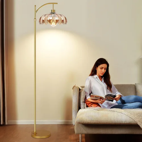 Vista 6 de AHDWDW Lámpara de pie de arco dorada para sala de estar con control remoto, lámparas de pie modernas regulables con pantalla de vidrio ámbar