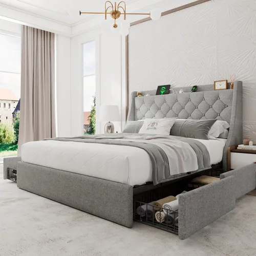 Vista 9 de Einhomn Base de cama tapizada de tamaño completo con 4 cajones de almacenamiento, cama de plataforma con cabecera con respaldo de ala, estación