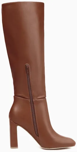 Vista 4 de Coutgo Botas altas de tacón grueso para mujer, botas altas clásicas de cuero con punta cuadrada con cremallera