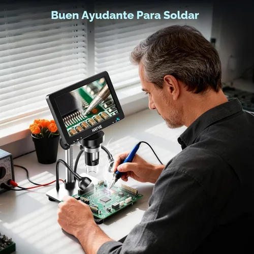 Vista 7 de Hayve 7" IPS Microscopio Digital 1200X DM9 Microscopio Moneda con Luces Sensor de cámara de 16 MP, 10 luces LED, control remoto con cable