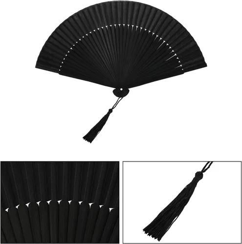 Vista 3 de Maitys 2 abanicos de mano plegables negros pequeños de 8.4 pulgadas, abanicos de mano plegables de seda de bambú con borla para baile de línea
