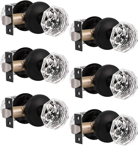 Vista 26 de Gobrico Pomo de puerta de cristal para dormitorio y baño con roseta clásica negro mate, diamante transparente octogonal para puerta interior, 1