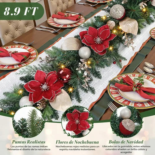 Vista 2 de SHareconn Guirnalda de Navidad preiluminada de 8.9 pies con luces LED multicolor, temporizador que funciona con pilas, incluye bola de flor
