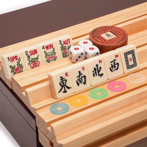 Vista 2 de Juegos de Mahjong Americano de Yellow Mountain Imports - Clásico de Lujo con Estuche de Madera, Estantes de Empuje de Madera, Indicador de Viento