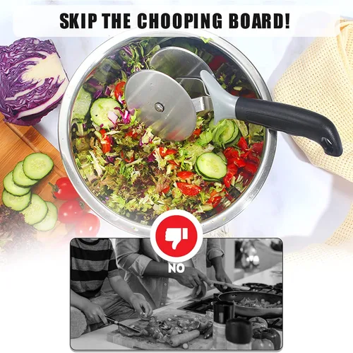 Vista 6 de AItaf Herramienta para picar ensaladas, picador de lechuga con cubiertas protectoras, ruedas dobles, cortador circular de acero inoxidable
