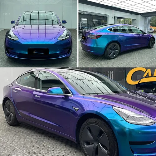 Vista 7 de Vinilo adhesivo de coche de color morado metálico brillante a azul camaleón, cinta adhesiva de película adhesiva de liberación de aire